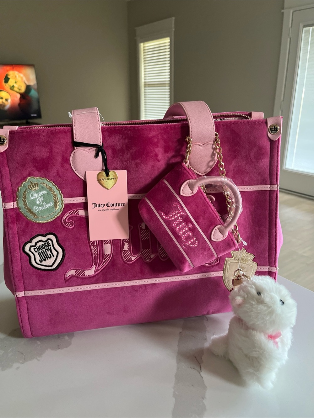 Juicy Couture Hot Pink Suede Tote with Mini Bag & Plush Charm